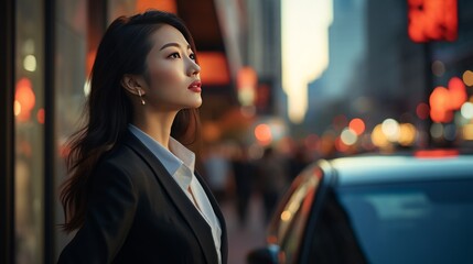 Asian business woman looking sideways while waiting for a cab in the morning, 16:9 - obrazy, fototapety, plakaty