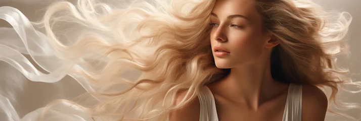 Cercles muraux Salon de beauté beauty portrait of a young woman with developing blond hair on a light background close-up, Banner. content for beauty salons and bloggers. space for text