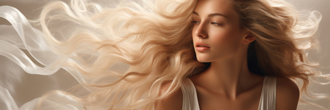 beauty portrait of a young woman with developing blond hair on a light background close-up, Banner. content for beauty salons and bloggers. space for text