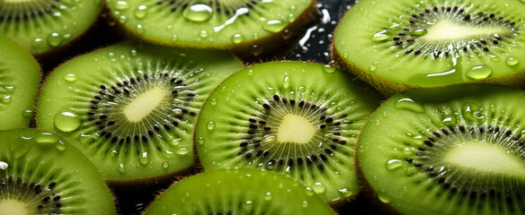 Fresh kiwi fruit slices, with water drops over it, closeup macro detail. Generative AI