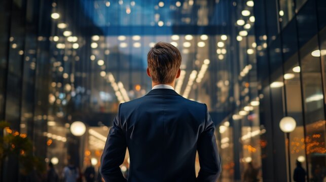 Walking Businessman, Back view There are drones in the air
