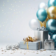 celebration graphic blue, Christmas and new year party, with blue and gold balloons and gift boxes set