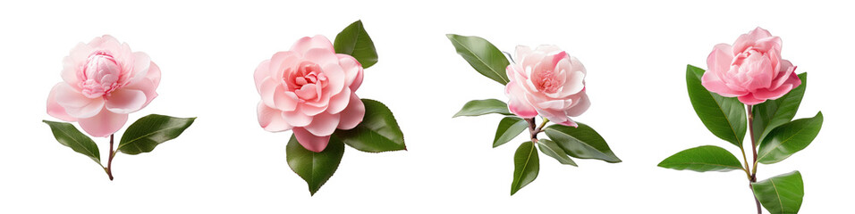 Set  of a pink camellia flower's blooming sequence isolated on transparent background - obrazy, fototapety, plakaty