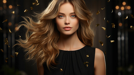 young woman in a black evening dress with beautiful flowing hair on a dark background with gold sparkles.beauty and fashion content