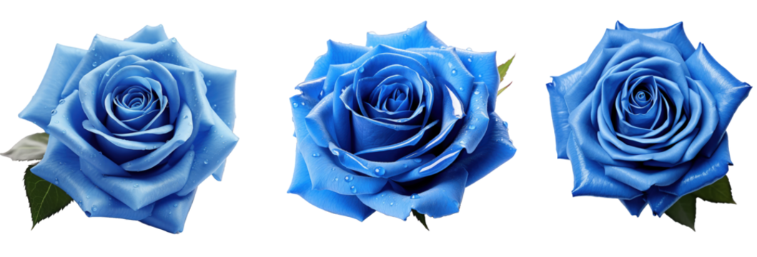 Set of  blue roses with water droplets on petals isolated on a transparent background