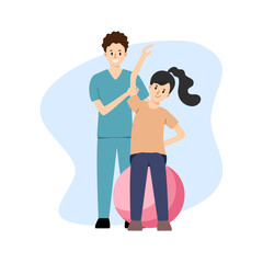 Physical therapy rehabilitation vector illustration set. Cartoon flat design. Physical therapist working on patient.