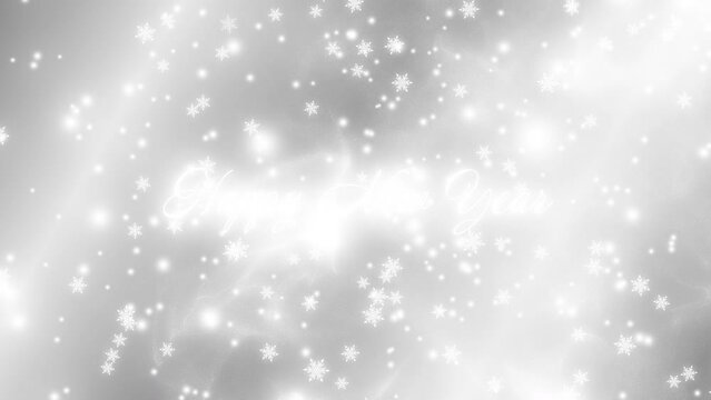 Abstract background with Happy New Year text and white snowflakes falling slowly from top to bottom on silver gradient background. Happy Holidays.