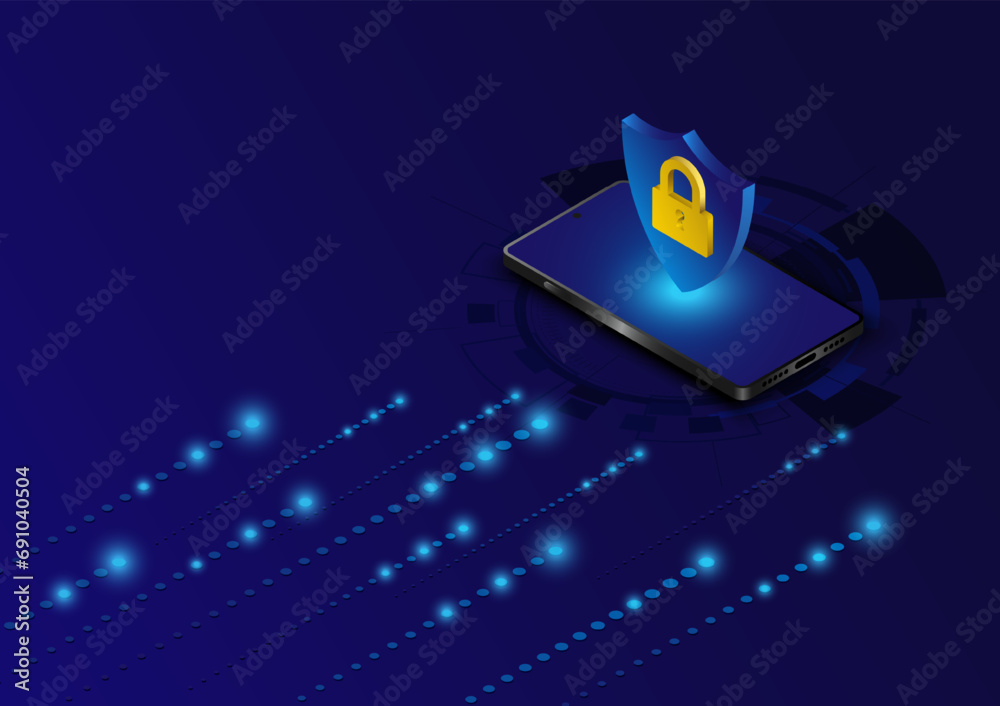 Aufkleber Isometric mobile phone network security information transfer background. Mobile data security modern concept. A transparent shield of the phone from virus attacks vector illustration.
