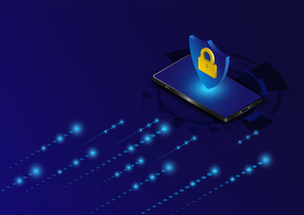 Isometric mobile phone network security information transfer background. Mobile data security modern concept. A transparent shield of the phone from virus attacks vector illustration.