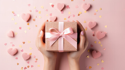 Pink gift box with pink ribbon and paper hearts in the woman hands, Greeting card for Happy Womens Day, Mother's day, Easter, Valentine day, Birthday. Springtime composition with copy space. 