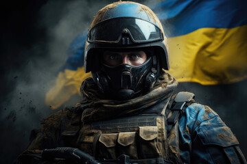 Ukrainian soldier on the background of the Ukrainian flag, concept of war, conflict