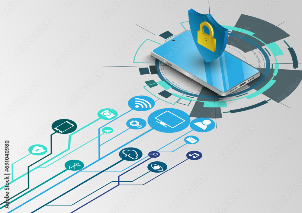 Poster Isometric mobile phone network security information transfer background. Mobile data security modern concept. A transparent shield of the phone from virus attacks vector illustration.