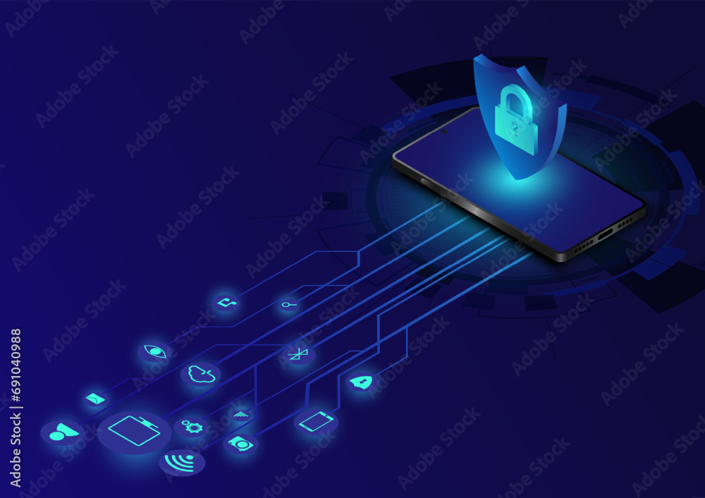Poster Isometric mobile phone network security information transfer background. Mobile data security modern concept. A transparent shield of the phone from virus attacks vector illustration.