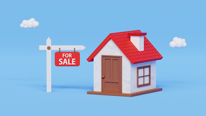 Fototapeta na wymiar House for sale. Home for sale, real estate concept. Business contract, rent, buy, mortgage, loan, or home insurance. 3d illustration