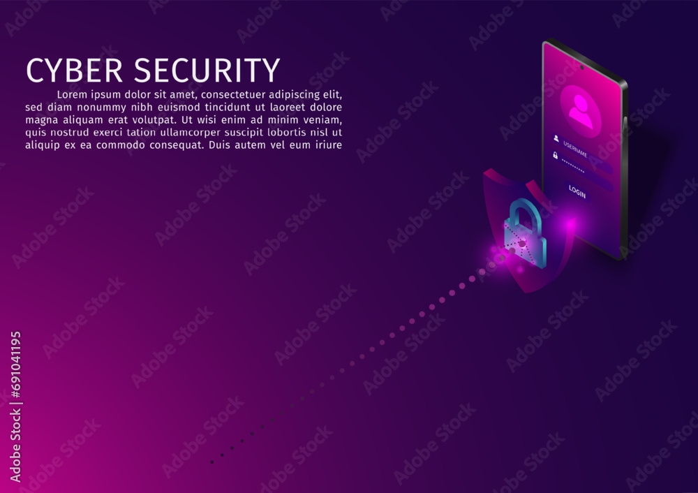 Poster isometric mobile phone network security information transfer background. mobile data security modern