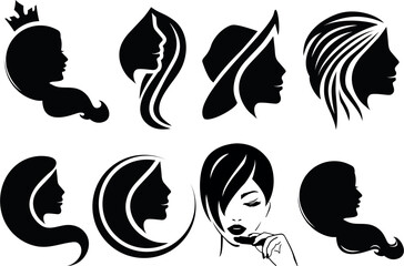 Hair Beauty Salon Logo. Vector Woman's head with hairstyle. black Illustration in various themes. Hand drawn collection. - obrazy, fototapety, plakaty