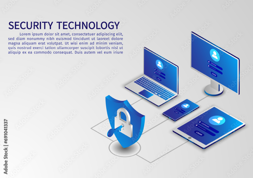 Poster Isometric network security information transfer background. Data security modern concept. A transparent shield of the computer, phone, and laptop from virus attacks and hackers. vector illustration.