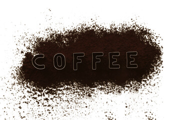 Coffee alphabet letter word bead fly with powder seed. Coffee roasted concept to refresh morning work. black Coffee mix bean dust powder,  word made from letters concept. isolated on white background