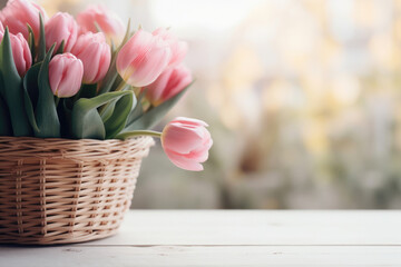Bouquet of tulips in a wicker basket
