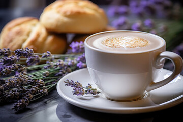 Cup of coffee and lavender flowers on the table