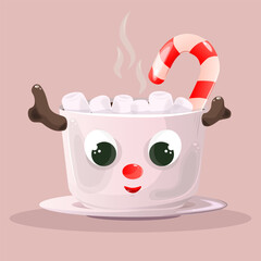 Mug with Christmas reindeer and hot tea with marshmallow. Vector