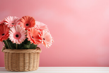 bouquet of pink flowers in wicker basket on a pink background. Place for text