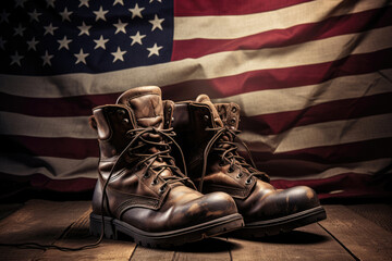 Army combat boots against the background of the American flag