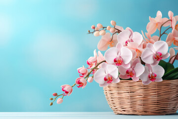 Bouquet of beautiful orchids in a wicker basket