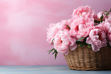 Fototapeta premium bouquet of pink flowers in wicker basket on a pink background. Place for text