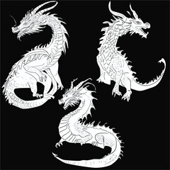 three dragon symbols isolated on black