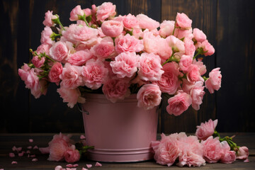 Bouquet of beautiful pink flowers in a bucket