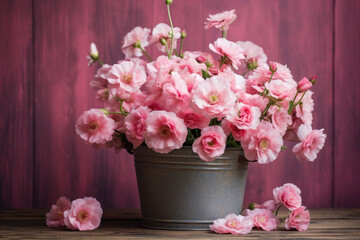 Bouquet of beautiful pink flowers in a bucket