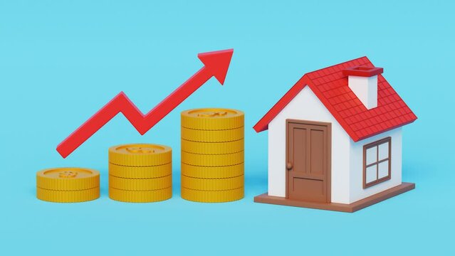 Growth of rent and mortgage rates. High demand for real estate, property rates, increase in house rates. 3D house with golden coins and red arrow rise. 4k 3d animation