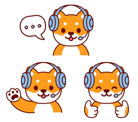 Cute cartoon dog character in headset illustration set. Customer support help desk or live stream chat.