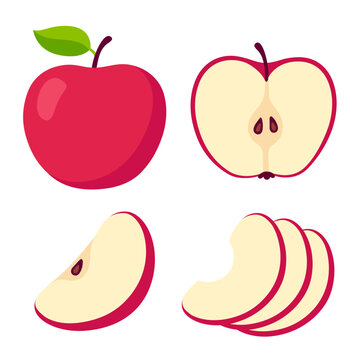 Red apple cartoon set. Cross section of cut apple, slices and whole fruit, isolated vector illustration.