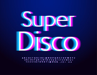 Fototapeta na wymiar Vector modern advertisement Super Disco. Techno neon Font. Digital Alphabet Letters and Numbers set.