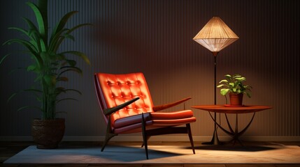 an image of a mid-century modern lounge chair with a floor lamp and side table