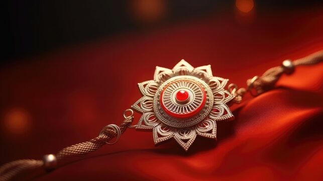 A photo realistic close up shot of red-colored Rakhi kept on silver plate. RAHUL written on it. Raksha bandan celebration. Highly detailed, cinematic