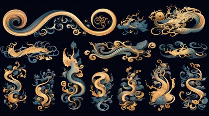 A set of chinese characters in blue and gold, 