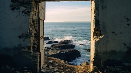 A small, wooden door with a view of the ocean, in the style of rough edges, webcam photography, light navy and black, hikecore, happenings, stone, careful framing 