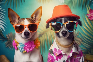 Funny dogs in sunglasses and bright clothes on a tropical background. Kidkore style