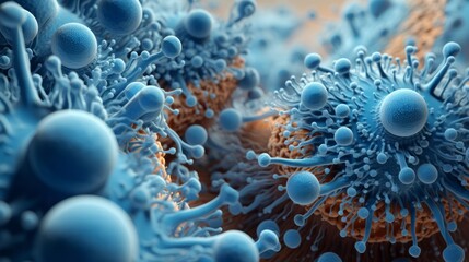 close up of 3d microscopic blue bacteria, 16:9 - obrazy, fototapety, plakaty