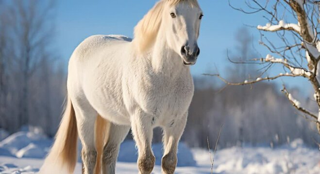 white horse in snowy forest footage