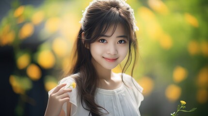 Naklejka premium Chinese girls with smiling eyes have bright smiles and a happy atmosphere, long exposure, photo grade, 16k, high resolution