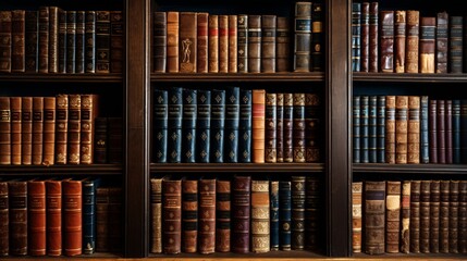 an image of a classic, leather-bound book collection on a library shelf
