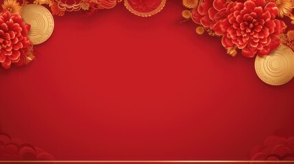 Chinese New Year banner with big blank space for text, red background, lanterns, dragon, gold coins