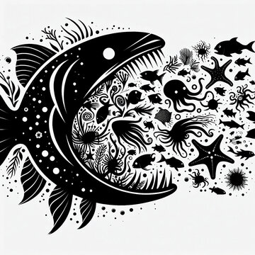 Artistic Black and White Fish Illustration - Concept of Mystery and Wonder - Perfect for Ocean, Nature, and Adventure Projects