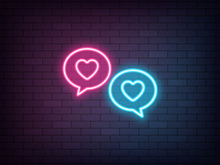 Outline neon love chat, pink blue vector icon. Glowing neon bubble messages with heart, online dating chat. Love communication, romantic talk, dating app. Private date service, love conversation
