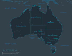 Australia map. High detailed map of Australia with countries, borders, cities, water objects. Vector illustration EPS10