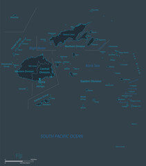 Fiji map. High detailed map of Fiji with countries, borders, cities, water objects. Vector illustration EPS10